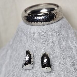 Set of Chunky silvertone hammered hoop earrings and hammered dome bracelet